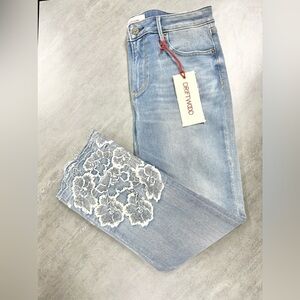 Driftwood Colette Floral White Embroidered Straight Leg Ankle Blue Jeans